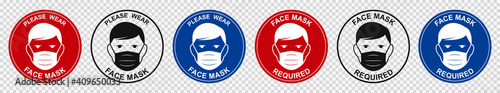 Face mask required sign. Attention do not enter without a face mask. Human wearing medical mask icon, protecting themselves against infection. Coronavirus - COVID-19, virus contamination - vector