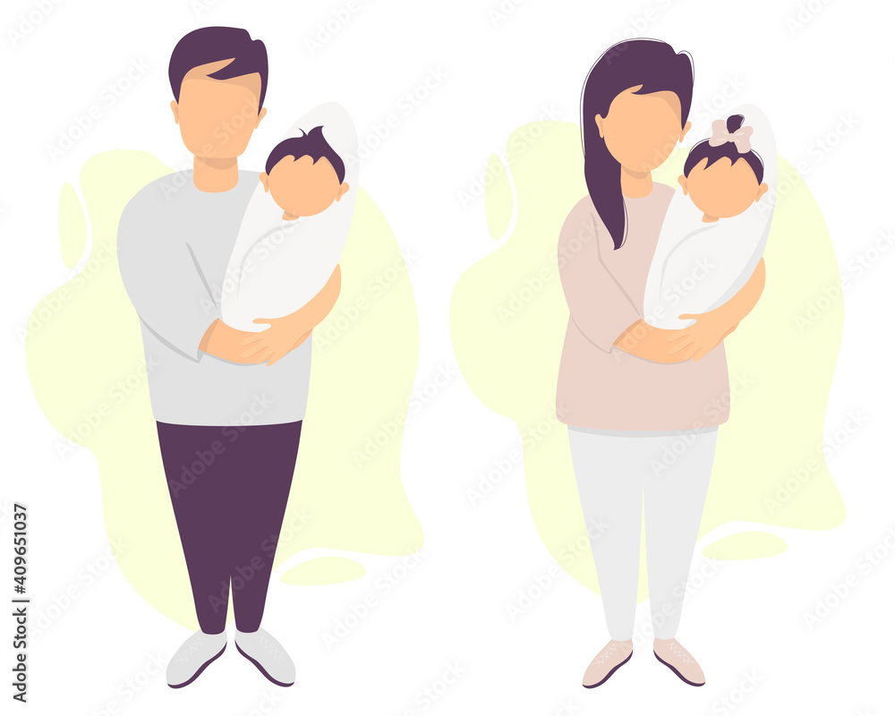 Fototapeta premium Happy parents with a baby. A man and a woman in pants are standing and holding a newborn son and daughter. Vector. set of characters. flat illustration for design, decoration, print, postcards