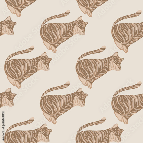 Beige predator cat seamless pattern with simple tiger elements. Light grey background. Doodle print. © Lidok_L