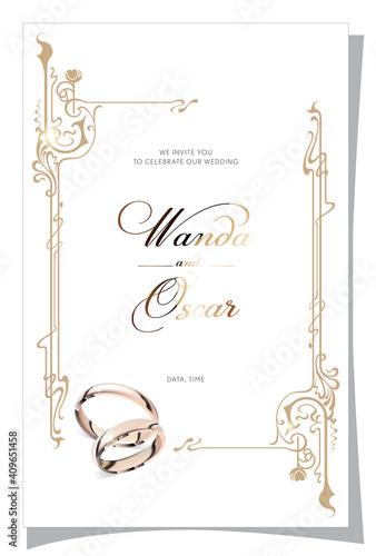 wedding invitation, with wedding rings and decorative frame on white background