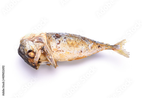 Delicious fried mackerel on white background - top view