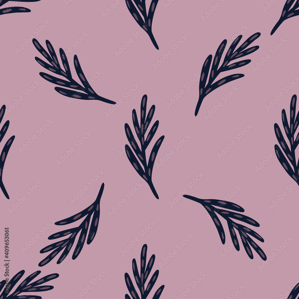 Seamless pattern in minimalistic style with dark leaf twigs shapes. Pastel purple background. Foliage print. Seamless pattern in minimalistic style with dark leaf twigs shapes. Pastel purple background. Foliage print.