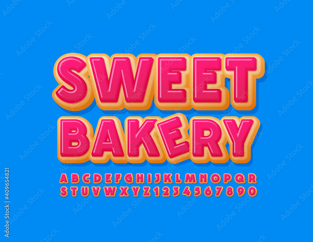 Vector tasty sign Sweet Bakery. Pink Glazed Font. Delicious Donut Alphabet Letters and Numbers set