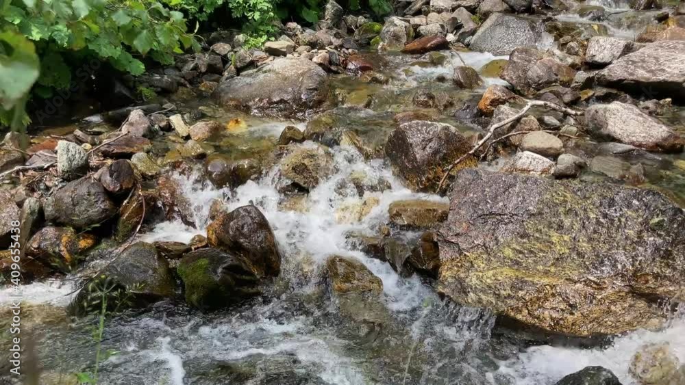 Fast river near green shore. Rapid clean stream flowing on stones near coast with green plants in countryside. Fast river near green shore. Rapid clean stream flowing on stones near coast with green plants in countryside.