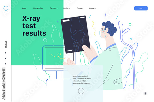 Medical tests web page template - x-ray test - modern flat vector concept digital illustration of x-ray image - a doctor looking at the radiograph , in the medical office or laboratory