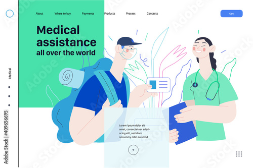 Medical insurance web page template -medical assistance all over the world -modern flat vector concept digital illustration -traveller applying to local clinic for medical help, part of insurance plan