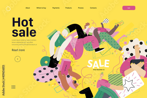 Discounts, sale, promotion vignette - web template - modern flat vector concept illustration of people crowd running in the pursuit of the discounts, with a big percent sign. Hot sale