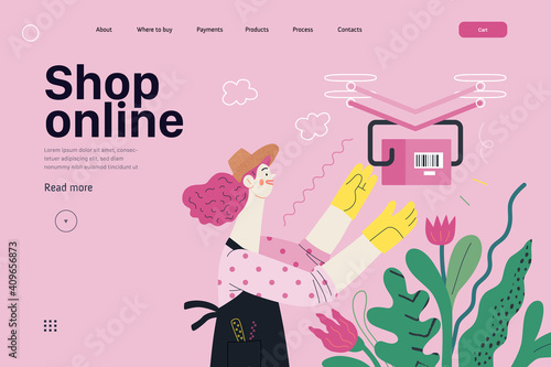 Discounts, sale, promotion -web template -delivery. Modern outlined flat vector concept illustration of gardening woman, wearing apron and gloves, receiving online order shipped with drone Shop online