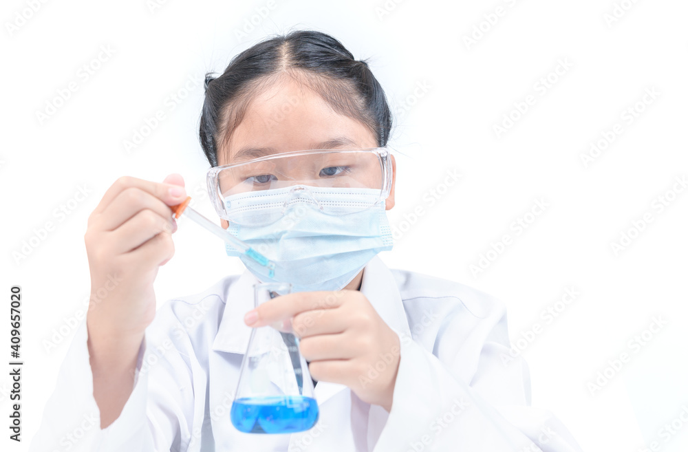 A little scientist is using a droper to drop blue liquid chemical in Erlenmeyer flask isolated