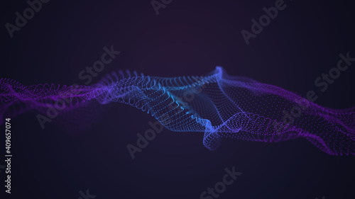 Background big data visualization futuristic technology. Abstract Music background. Beautiful motion waving dots texture with glowing defocused particles. 3d rendering