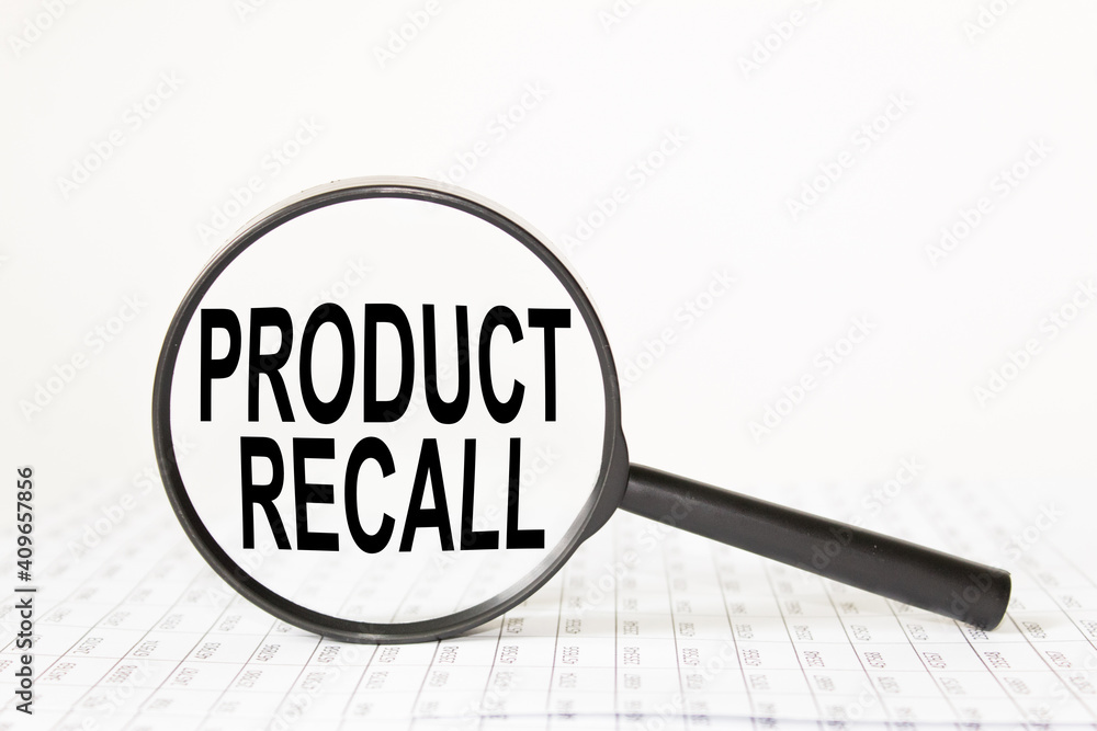 words PRODUCT RECALL in a magnifying glass on a white background. business concept words PRODUCT RECALL in a magnifying glass on a white background. business concept