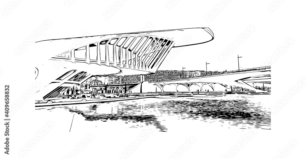 Building view with landmark of Valencia is a city in Spain.
Hand drawn sketch illustration in vector.