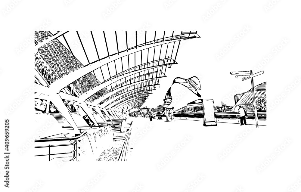 Building view with landmark of Valencia is a city in Spain.
Hand drawn sketch illustration in vector.