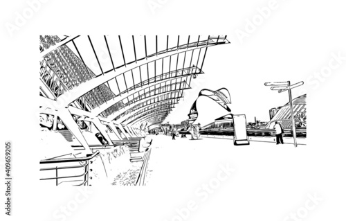 Obraz na płótnie Building view with landmark of Valencia is a city in Spain.
Hand drawn sketch illustration in vector. w salonie