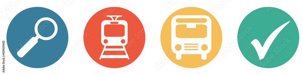 Bunter Banner mit 4 Buttons: Straßenbahn, U Bahn und Bus suchen - obrazy, fototapety, plakaty 