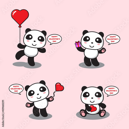 Fototapeta Naklejka Na Ścianę i Meble -  Set of panda character greeting happy valentine day