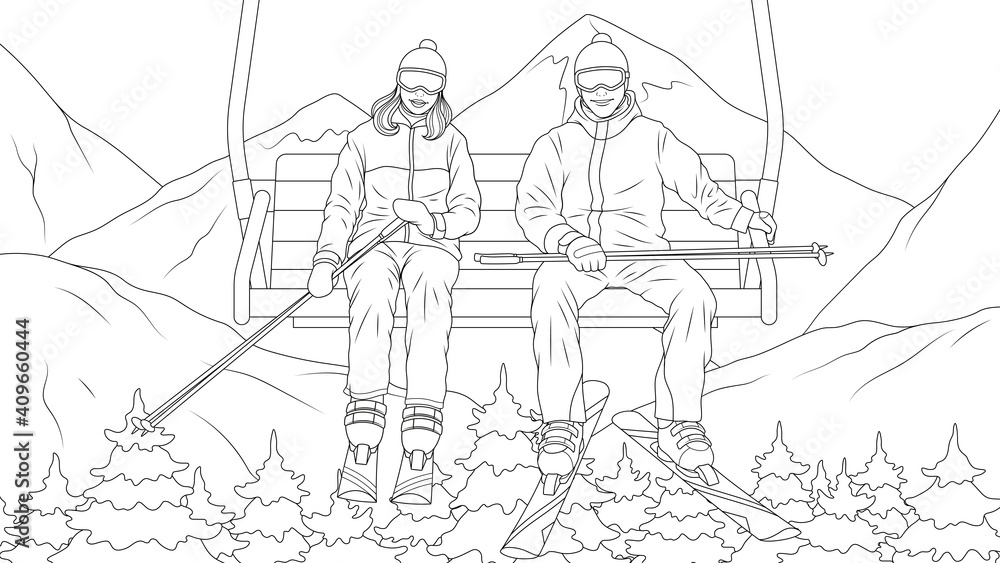 Fototapeta premium Vector illustration, a married couple at a ski resort, skiing from the mountain