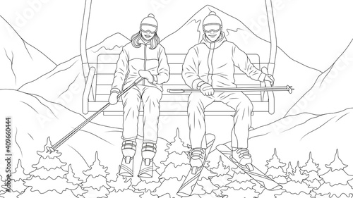 Vector illustration  a married couple at a ski resort  skiing from the mountain