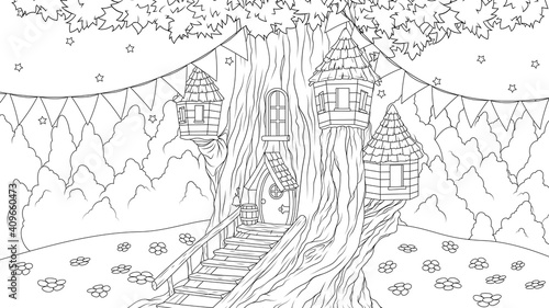 Vector illustration, fantasy house in an old tree for fairy tale characters