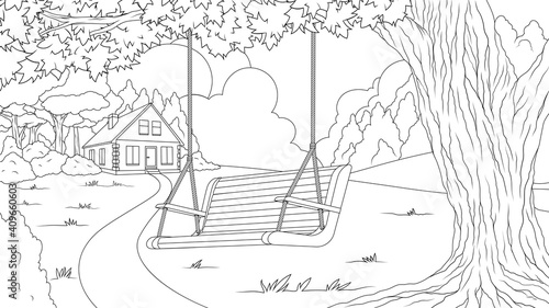 Vector illustration, Swing on a tree in the forest, house in the forest