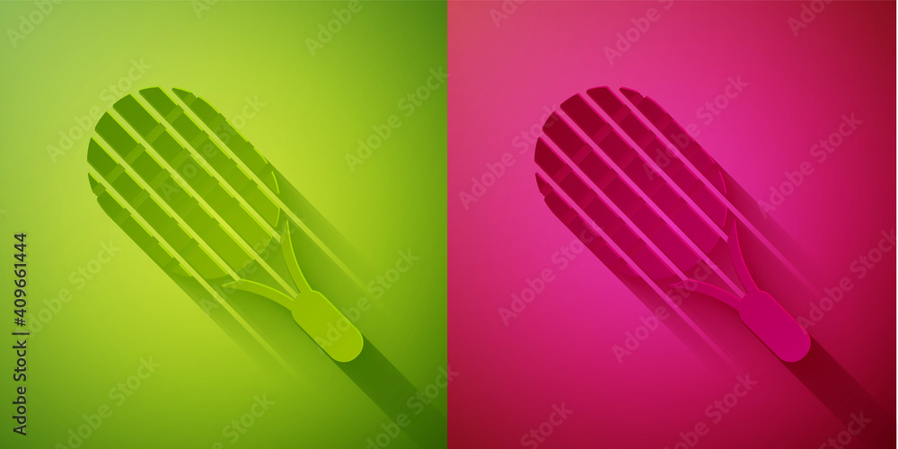 Paper cut Tennis racket icon isolated on green and pink background. Sport equipment. Paper art style. Vector Illustration. Paper cut Tennis racket icon isolated on green and pink background. Sport equipment. Paper art style. Vector Illustration.