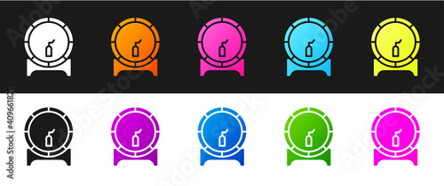 Set Wooden barrel on rack with stopcock icon isolated on black and white background. Vector Illustration.