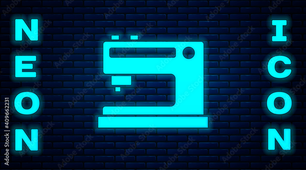 Glowing neon Sewing machine icon isolated on brick wall background. Vector Illustration. Glowing neon Sewing machine icon isolated on brick wall background. Vector Illustration.