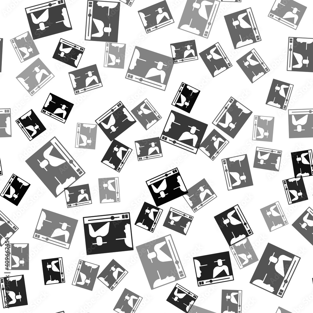 Black Online play video icon isolated seamless pattern on white background. Film strip with play sign. Vector Illustration.