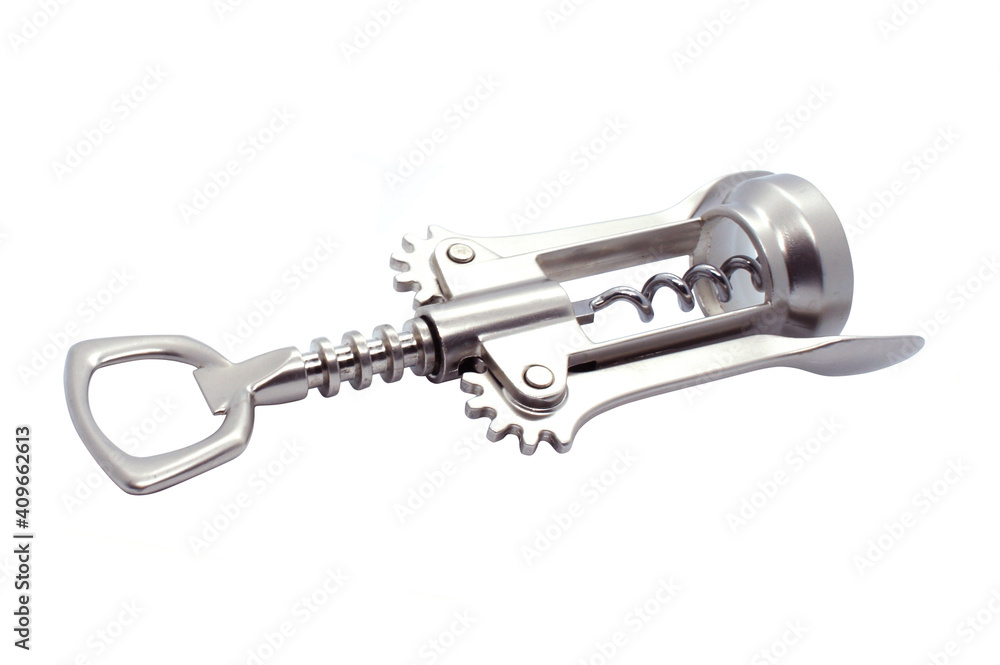 Corkscrew for wine made of stainless steel. Mechanical corkscrew isolated on white background. Side view. Corkscrew for wine made of stainless steel. Mechanical corkscrew isolated on white background. Side view.