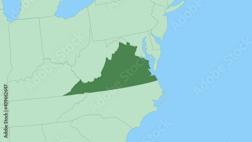Map of Virginia with pin of country capital. Virginia Map with neighboring countries in green color.
