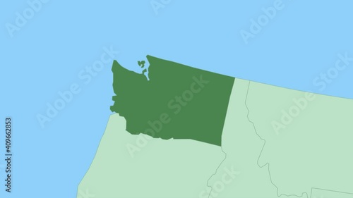 Map of Washington with pin of country capital. Washington Map with neighboring countries in green color.
