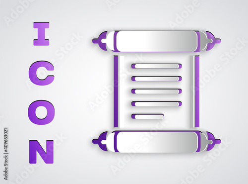 Paper cut Decree, paper, parchment, scroll icon icon isolated on grey background. Paper art style. Vector.