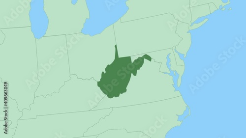 Map of West Virginia with pin of country capital. West Virginia Map with neighboring countries in green color.
