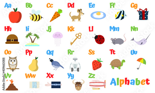 English alphabet with pictures for each letter.