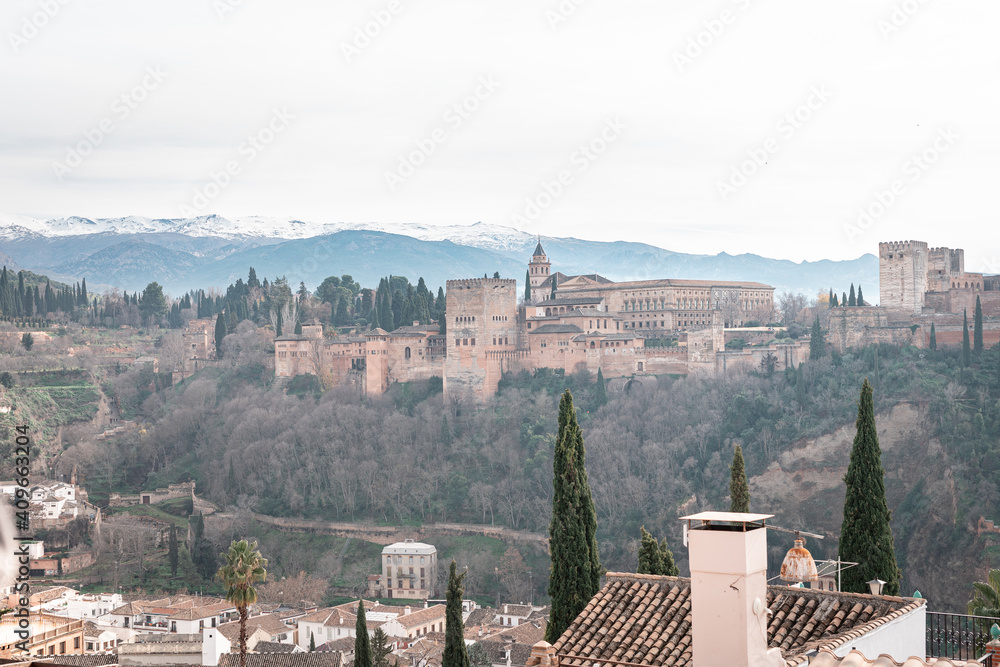 famous Alhambra view in Granada - Spain, 2020