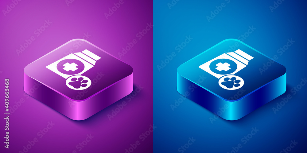 Isometric Bag of food for dog icon isolated on blue and purple background. Dog or cat paw print. Food for animals. Pet food package. Square button. Vector. Isometric Bag of food for dog icon isolated on blue and purple background. Dog or cat paw print. Food for animals. Pet food package. Square button. Vector.