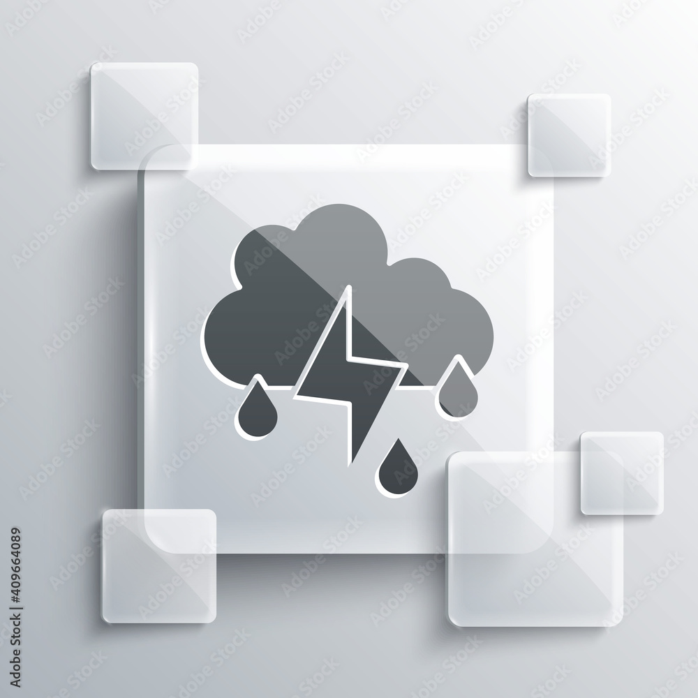 Grey Cloud with rain and lightning icon isolated on grey background. Rain cloud precipitation with rain drops.Weather icon of storm. Square glass panels. Vector. Grey Cloud with rain and lightning icon isolated on grey background. Rain cloud precipitation with rain drops.Weather icon of storm. Square glass panels. Vector.
