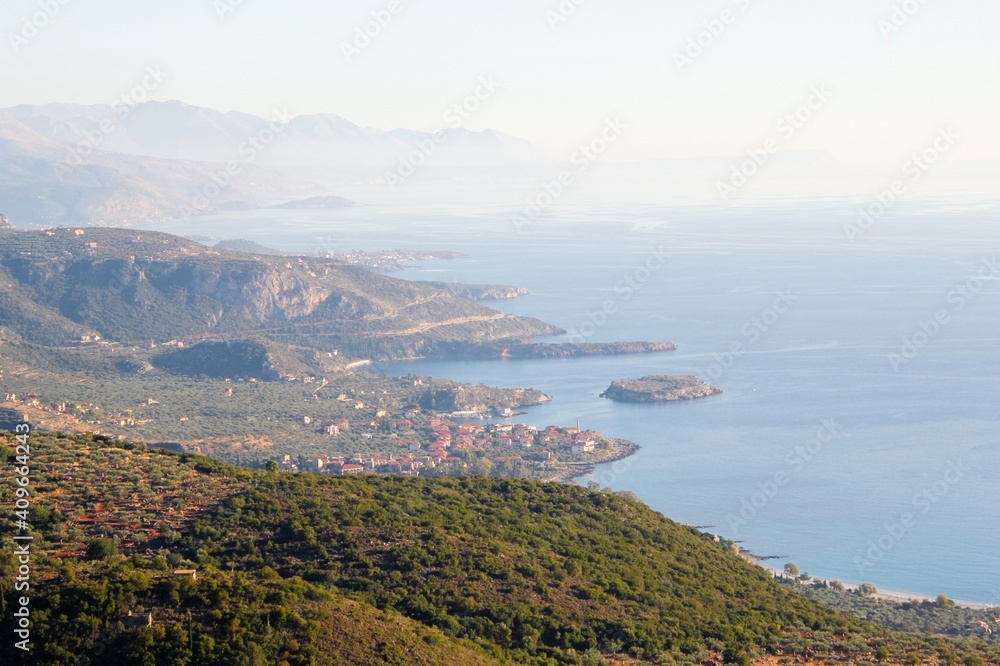 Landscape of Mani with Gerolimenas coastal village in the background. Laconia region, southeastern Peloponnese, Greece.