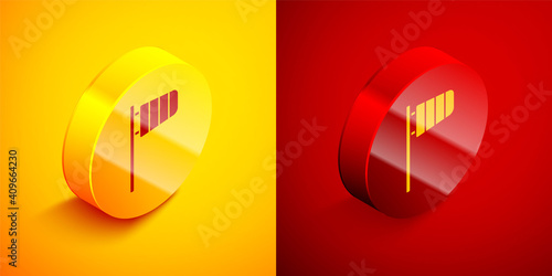 Isometric Cone meteorology windsock wind vane icon isolated on orange and red background. Windsock indicate the direction and strength of the wind. Circle button. Vector.