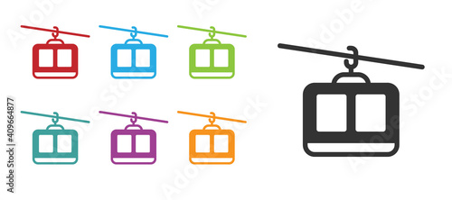 Black Cable car icon isolated on white background. Funicular sign. Set icons colorful. Vector.