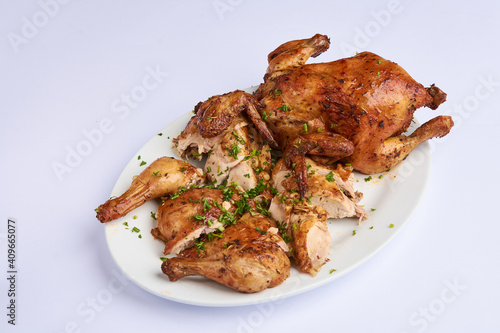Obraz na plátně Closeup shot of deliciously cooked chicken on an isolated background