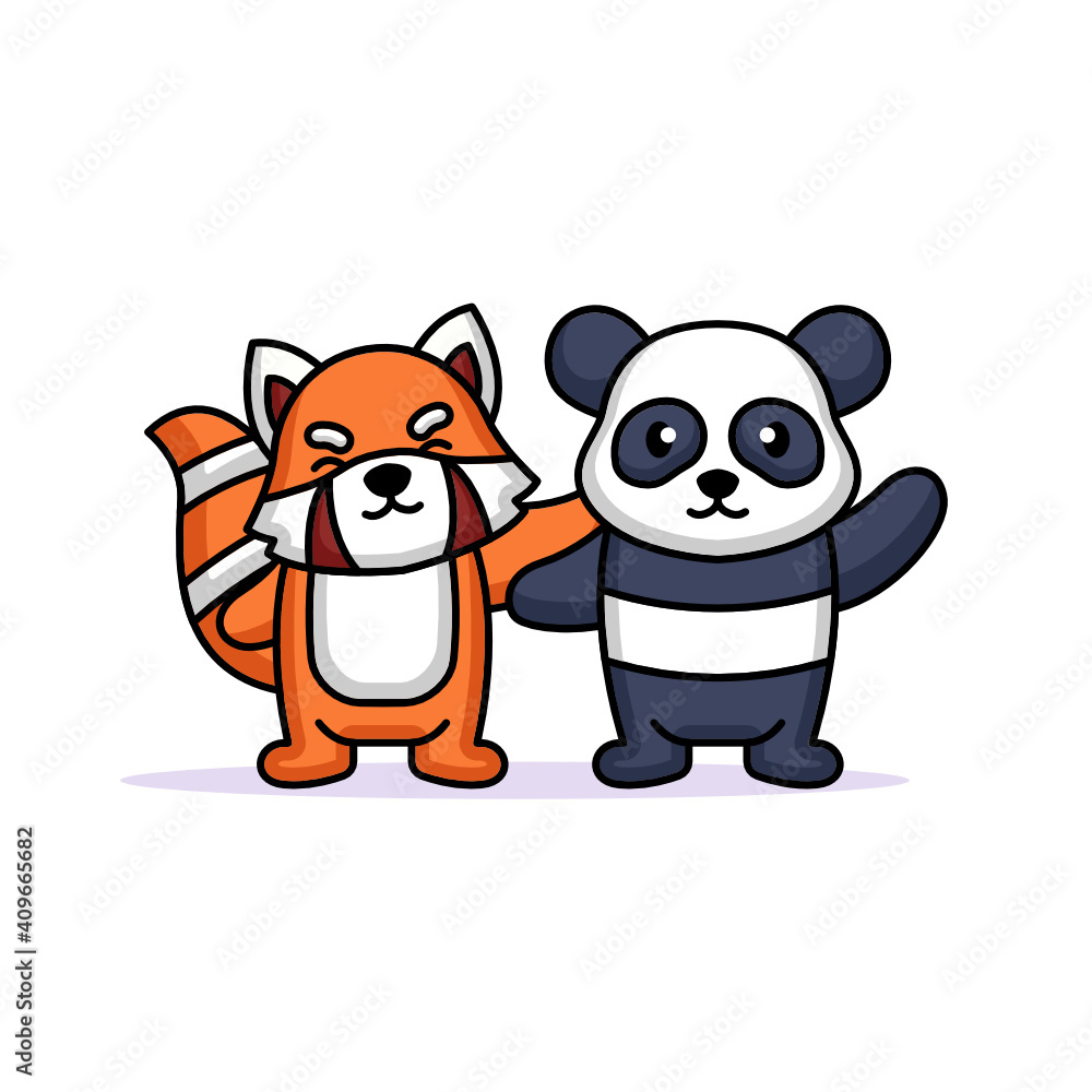 Fototapeta premium A cute friendship between a panda and red panda
