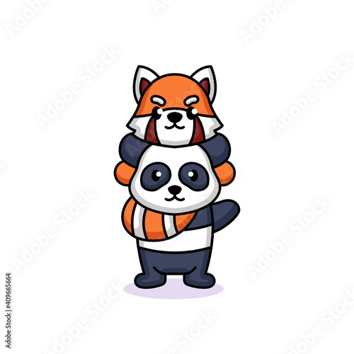 A cute friendship between a panda and red panda