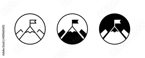 Mountain with flag on a peak Top of mountain with flag icon vector, filled Success, aim achievement, leadership, Mission, Mount, Climbing, conquered, way up, high in, Hiking, Target, Get on top design