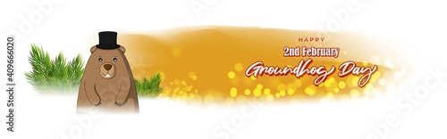 Vector illustration concept of Happy Groundhog Day greeting with cute groundhog coming out from snow covered ground. 2 February.