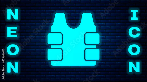 Glowing neon Bulletproof vest for protection from bullets icon isolated on brick wall background. Body armor sign. Military clothing. Vector.