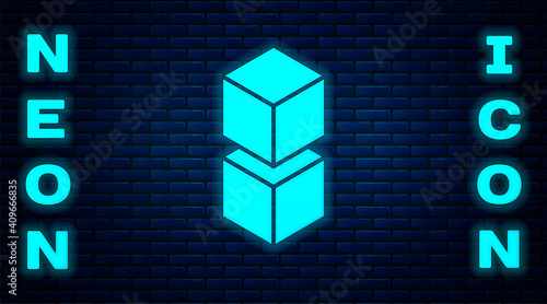 Glowing neon Blockchain technology icon isolated on brick wall background. Cryptocurrency data. Abstract geometric block chain network technology business. Vector.