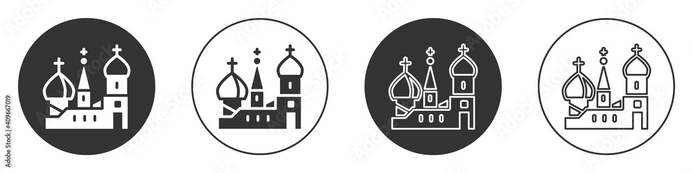 Black Moscow symbol - Saint Basil's Cathedral, Russia icon isolated on white background. Circle button. Vector. Black Moscow symbol - Saint Basil's Cathedral, Russia icon isolated on white background. Circle button. Vector.