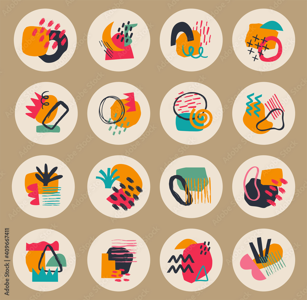 Big set of various vector geometric highlight covers. Abstract backgrounds. Various shapes, lines, spots, dots, doodle objects. Hand drawn templates. Round icons for social media stories