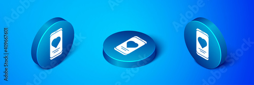 Isometric Smartphone with heart rate monitor function icon isolated on blue background. Blue circle button. Vector.